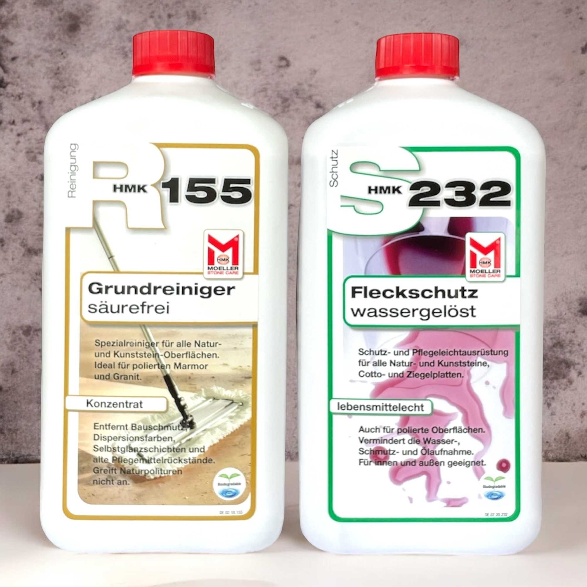 Set Primero R155 Grundreiniger und S232 Fleckschutz - Wassergelöst 1 l, für den Innen- und Außenbereich
