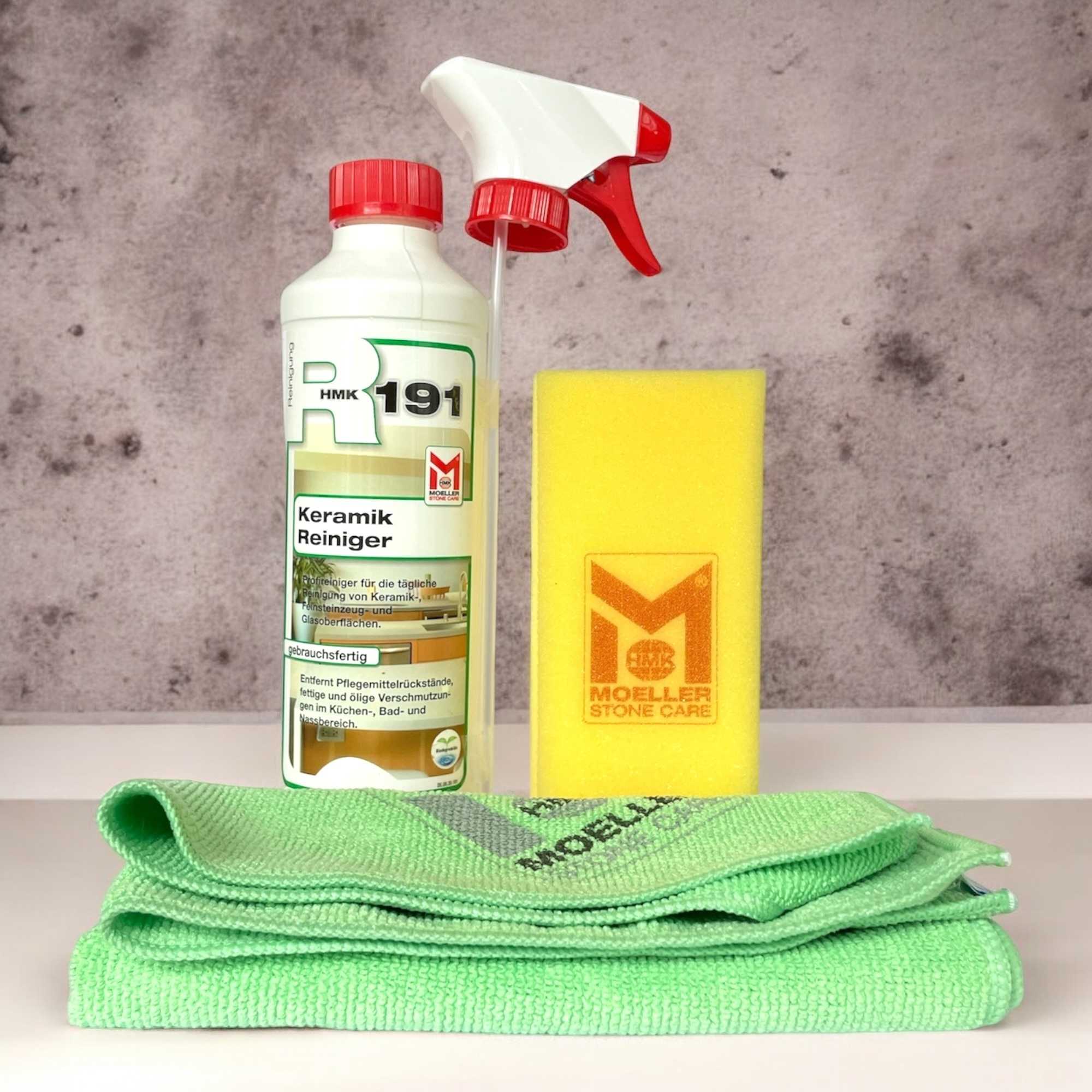 Primero R191 Keramik-Reiniger SET, 0,5 l Sprühflasche mit PAD-Schwammnd Microfasertuch Primero R191 Keramik-Reiniger SET, 0,5 l Sprühflasche mit PAD-Schwammnd Microfasertuch