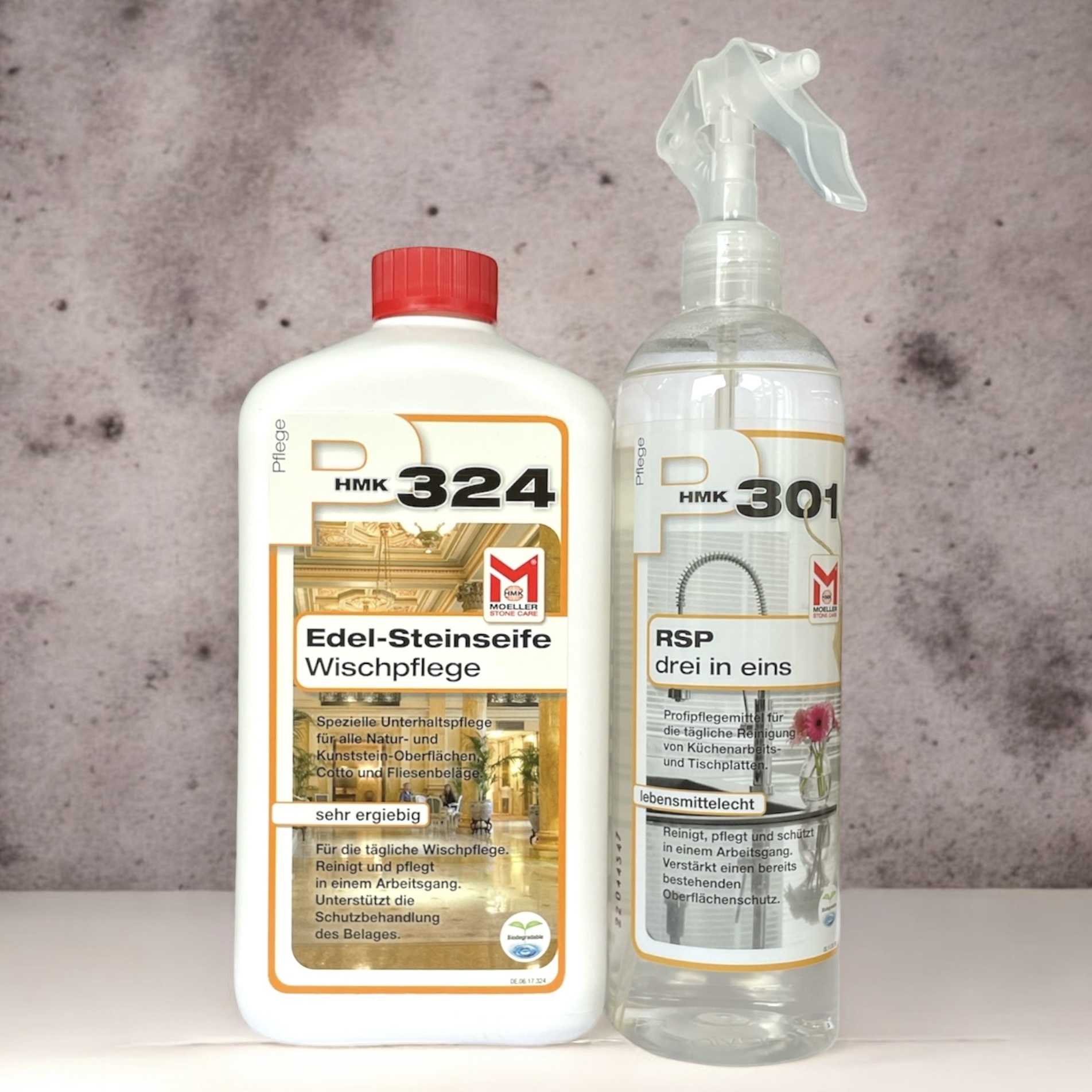 Set Primero P324 Edel-Steinseife 1 l, Wischpflege und P301 drei in eins 0,5 l für den Innenbereich Set Primero P324 Edel-Steinseife 1 l, Wischpflege und P301 drei in eins 0,5 l für den Innenbereich